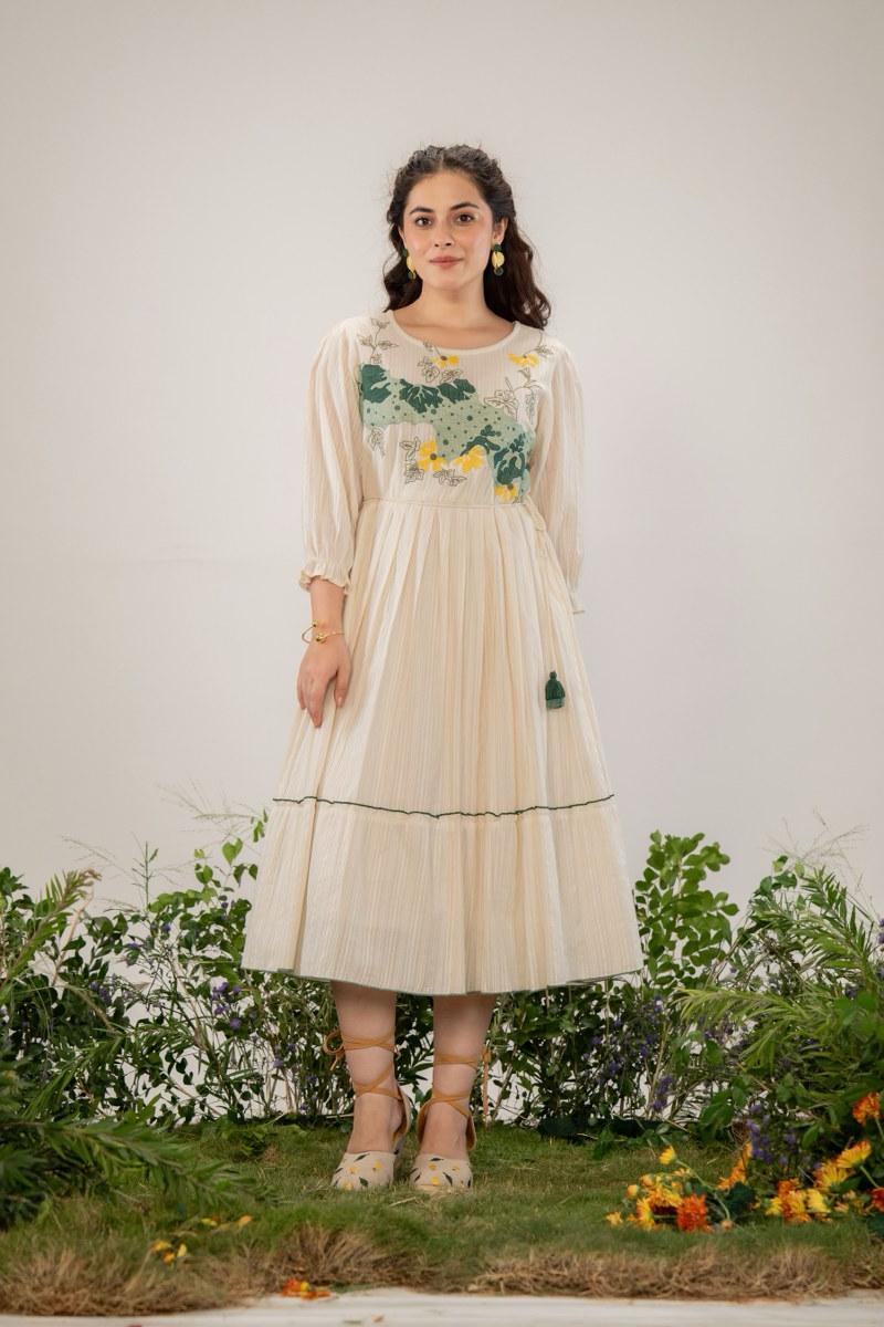 Meadow Whispers: Embroidered Ivory Flared Midi Dress/Kurti